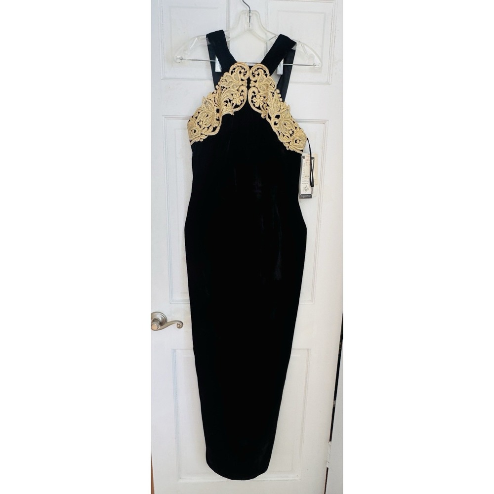 NWT's Scott McClintock Women's Sz 10 Black Velvet Gold Lace Maxi Gown Formal VTG